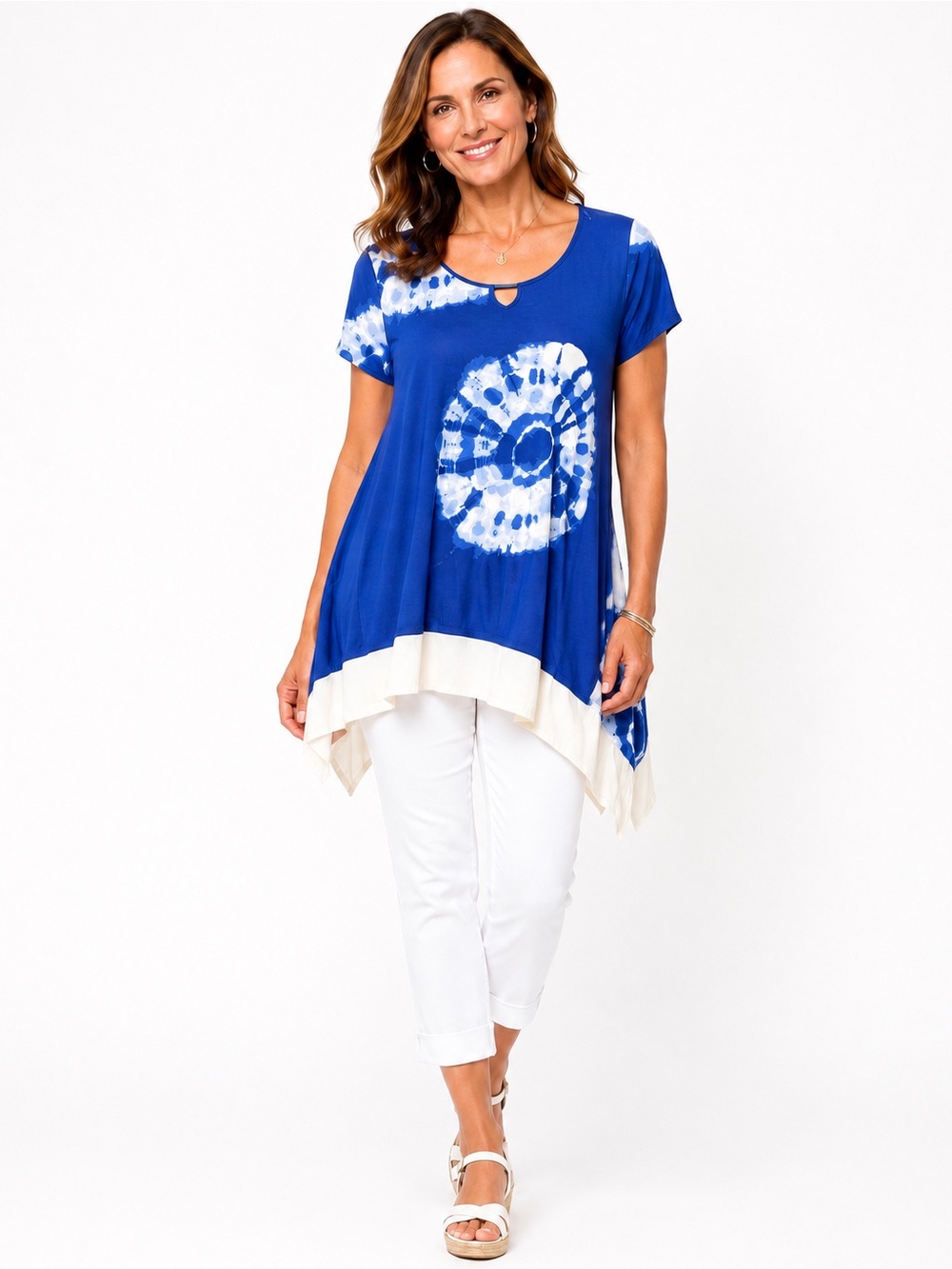 MULTIPLES Royal Blue & White Tie-Dye Handkerchief Hem Tunic Top